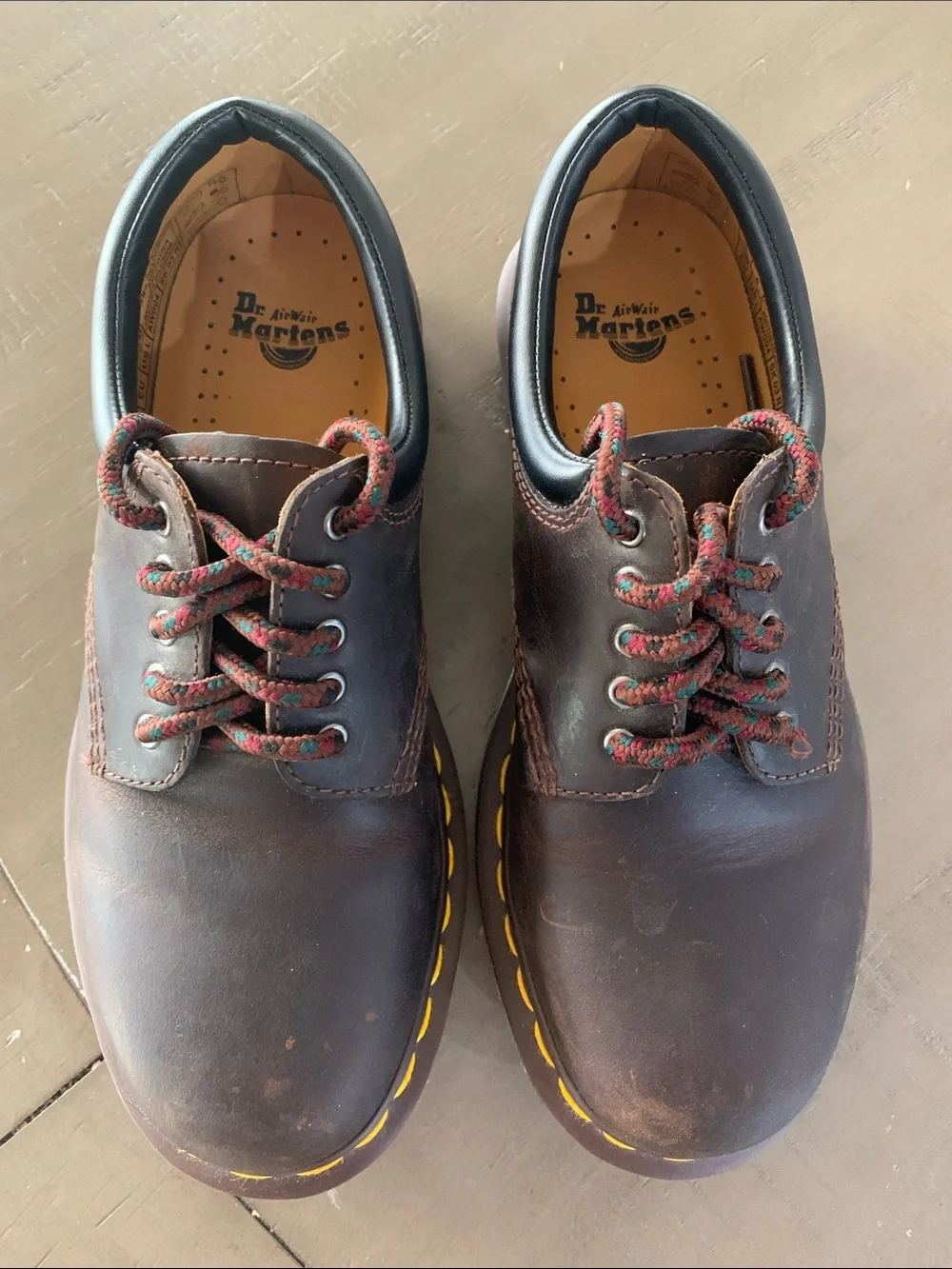 Dr. Martens Brown Leather 3-Eye Derby Shoes with Yellow Welt Stitching